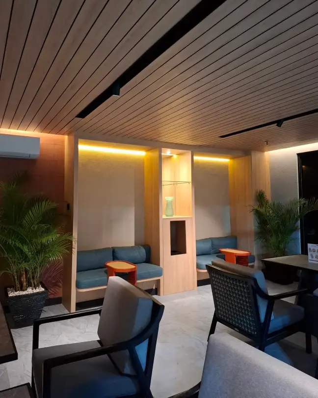 Lounge booths with warm lighting