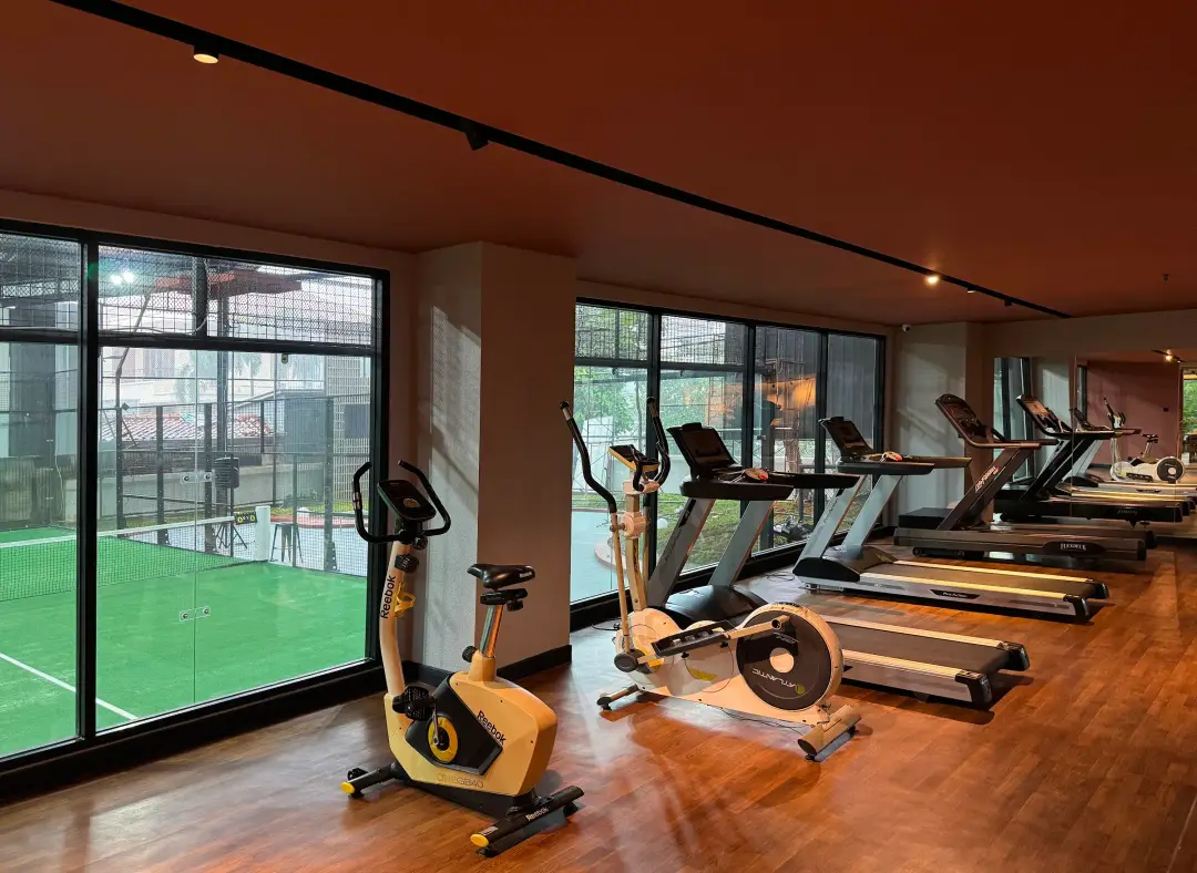 Cardio machines facing the courts