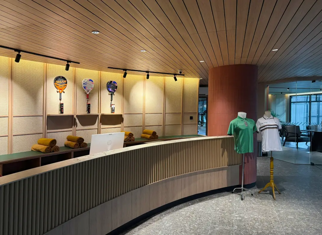 Rackets displayed above reception